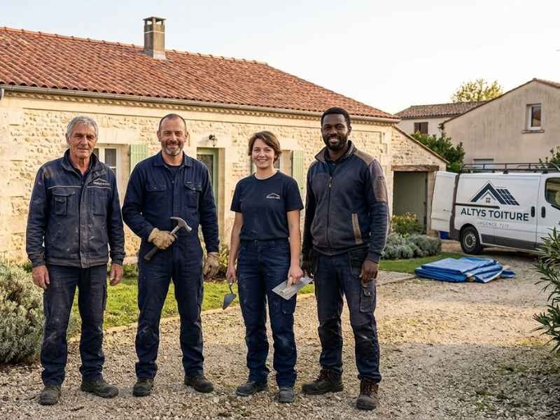 L’équipe d’Altys Toiture Coutras devant son fourgon, outils à la main, après une intervention à Coutras