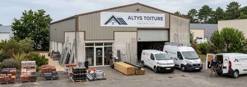 Le local d’Altys Toiture Coutras : entrepôt logoté, fourgons, échelles et stock de tuiles et de liteaux