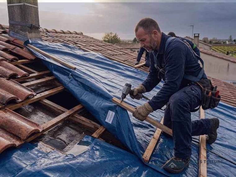 Mise hors d’eau et bâchage de toiture — chantier Altys Toiture Coutras à Coutras